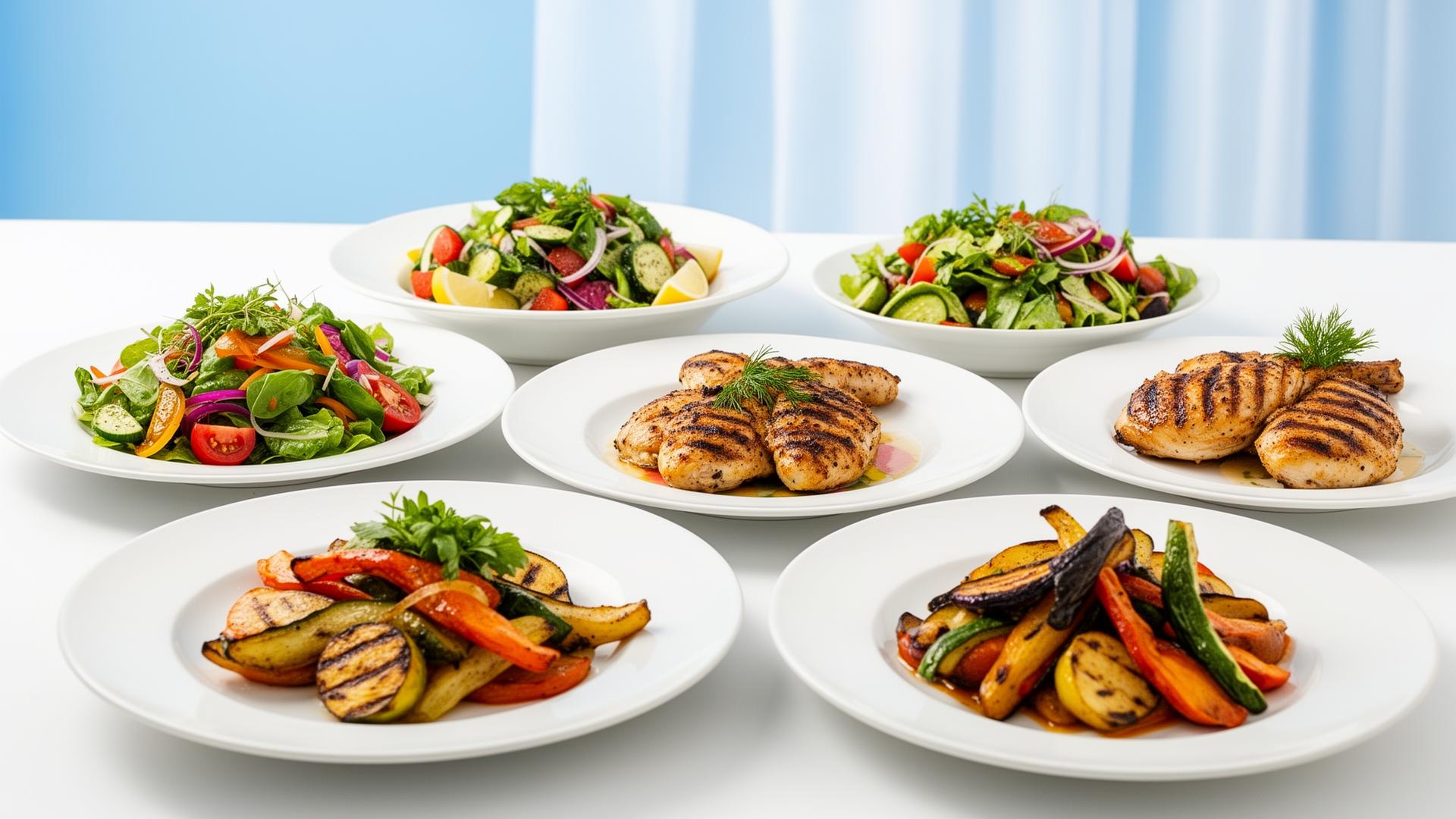 Chef-prepared dairy-free dishes served on modern crockery in bright daylight