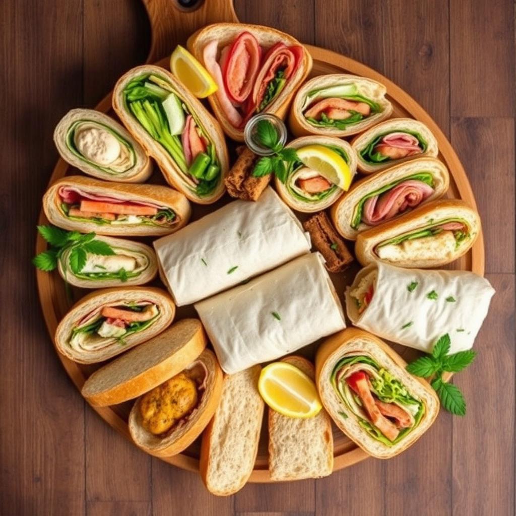 Catering platter of sandwiches, wraps and baguettes