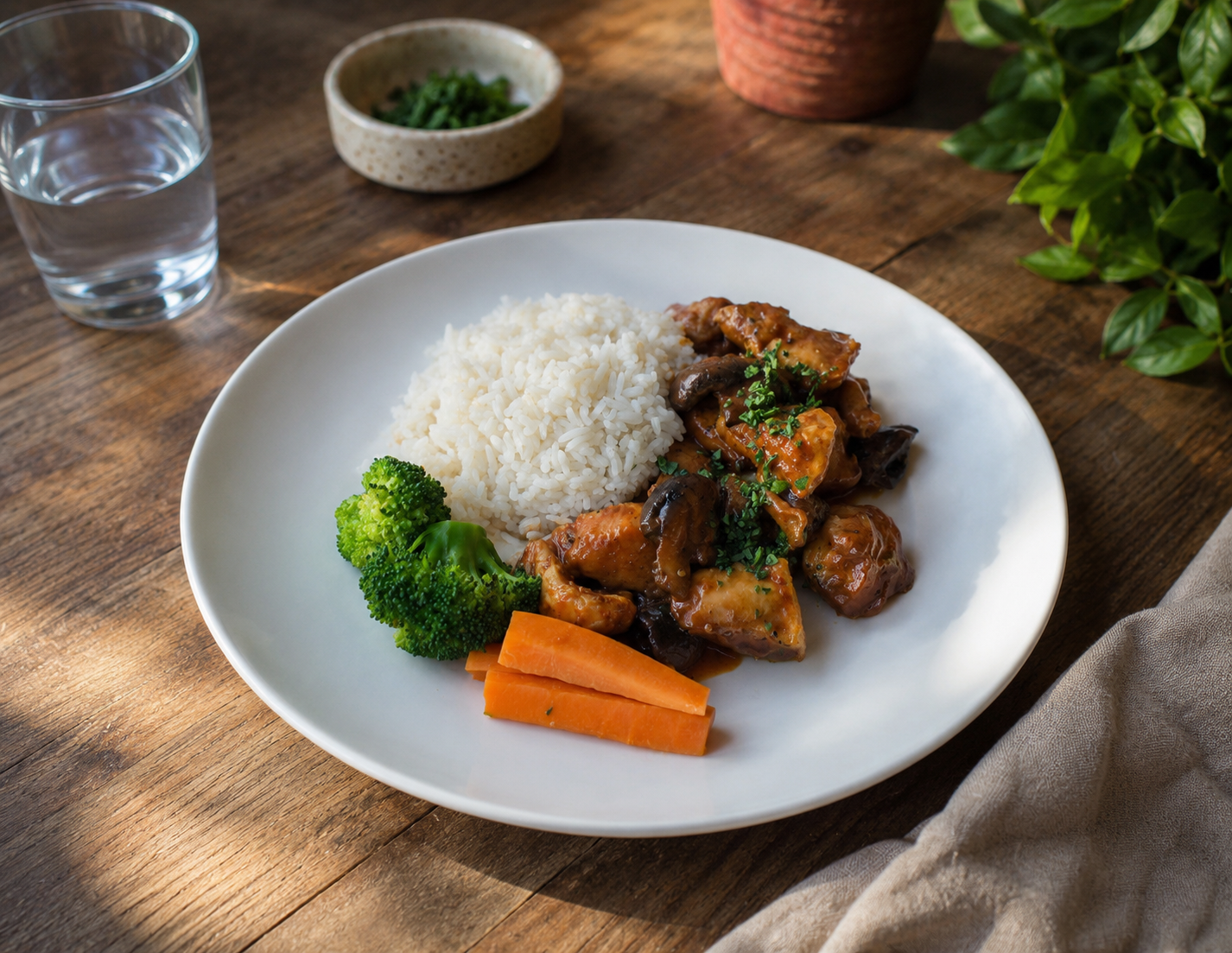 Dairy-free ready meal of chicken, rice and vegetables on a bright table