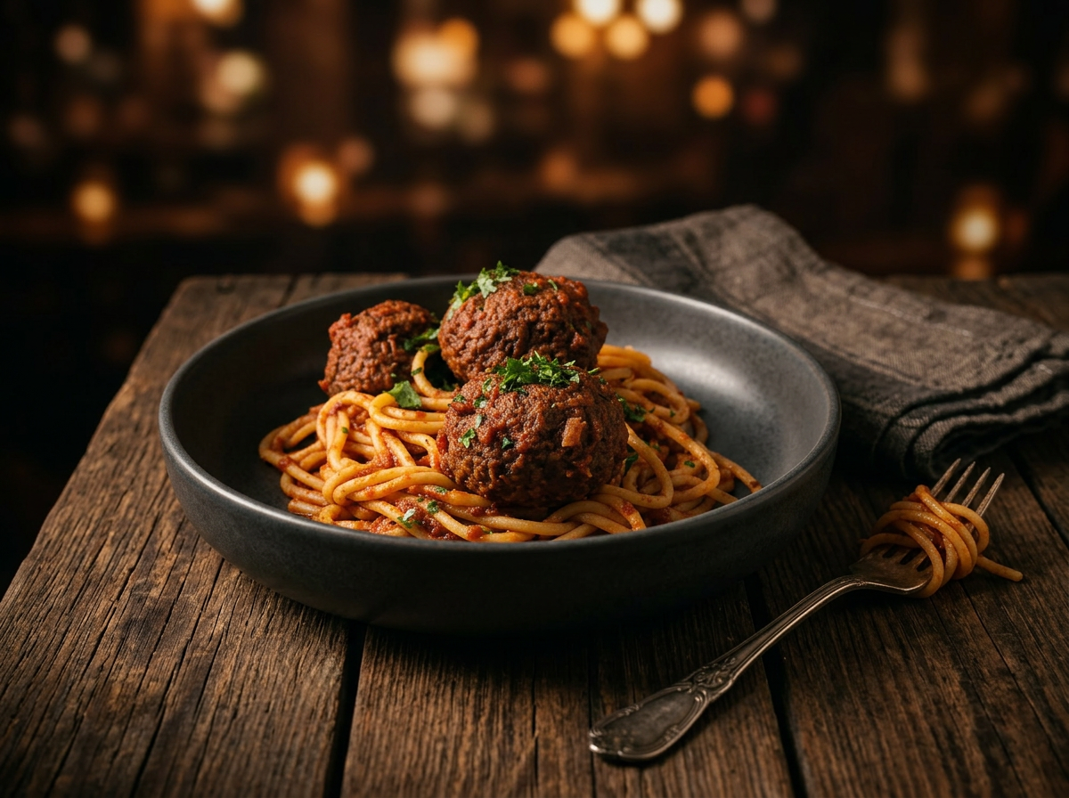Family-sized dairy-free spaghetti and meatballs ready to share